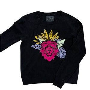 Le Superbe Black Crewneck Cashmerr Wool Sweater with Pink Lion Design  Small